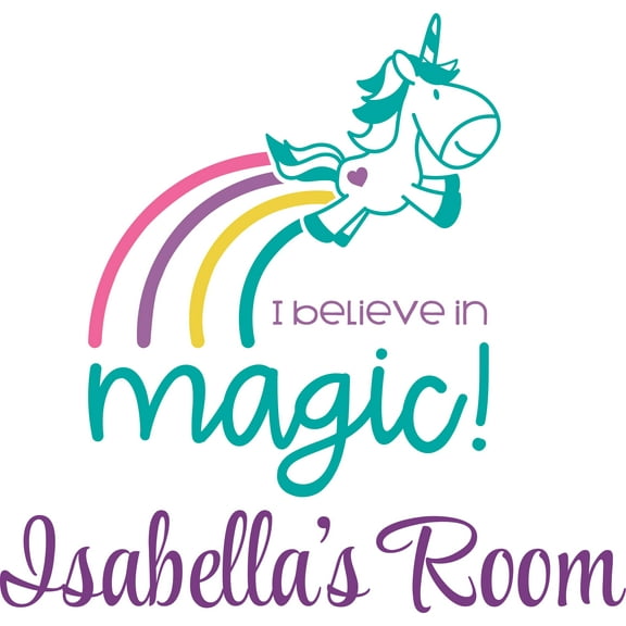 I Believe In Magic Unicorn Rainbow Customized Wall Decal - Custom Vinyl Wall Art - Personalized Name - Baby Girls Boys Kids Bedroom Wall Decal Room Decor Wall Stickers Decoration Size (30x30 inch)