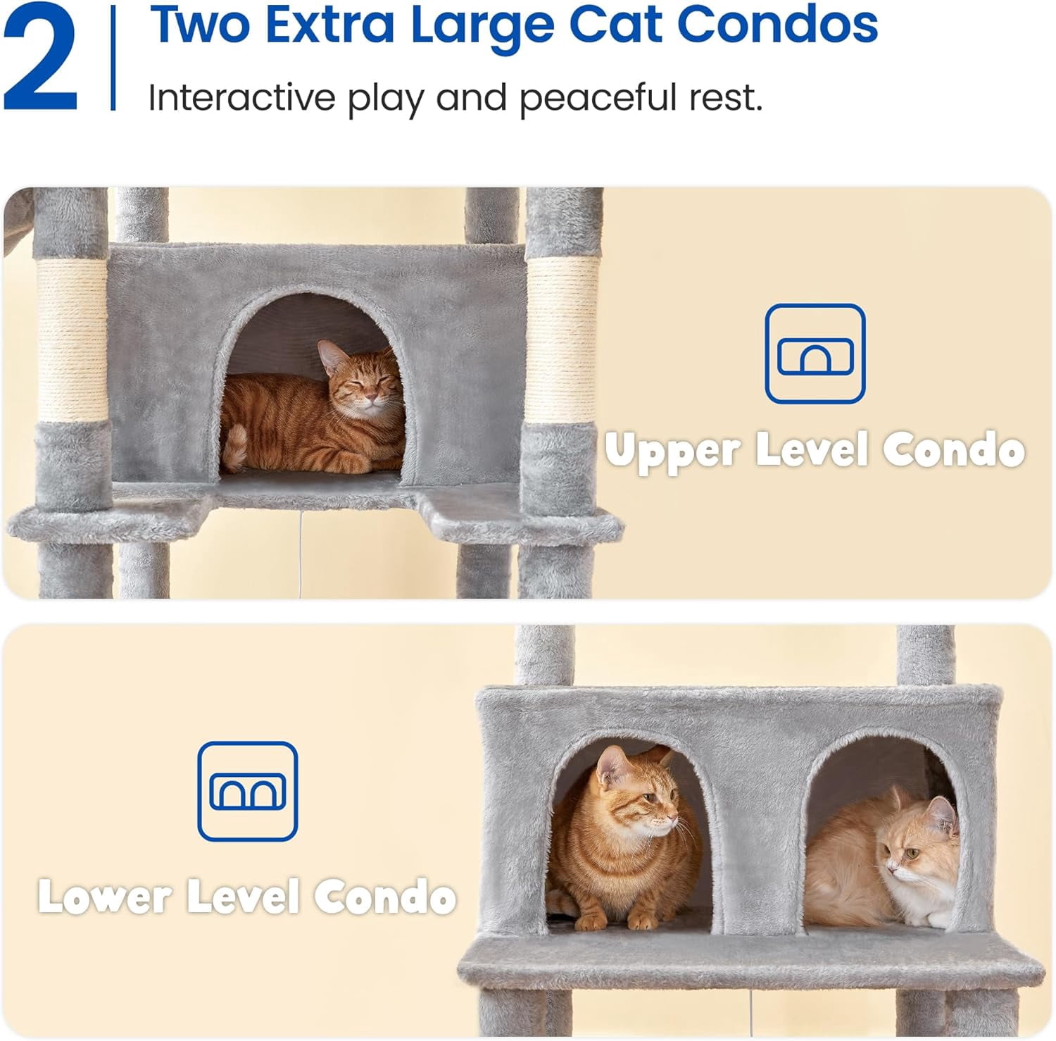 WSWJY Extra Large Cat Tree, 77.6-Inch Tall Cat Tower for Indoor Cats with 2 Condos, Multi-Level Cat Stand for Large Cats, 3 Hammocks, Wide Perch, Scratching Posts, Dangling Toys, Light Grey