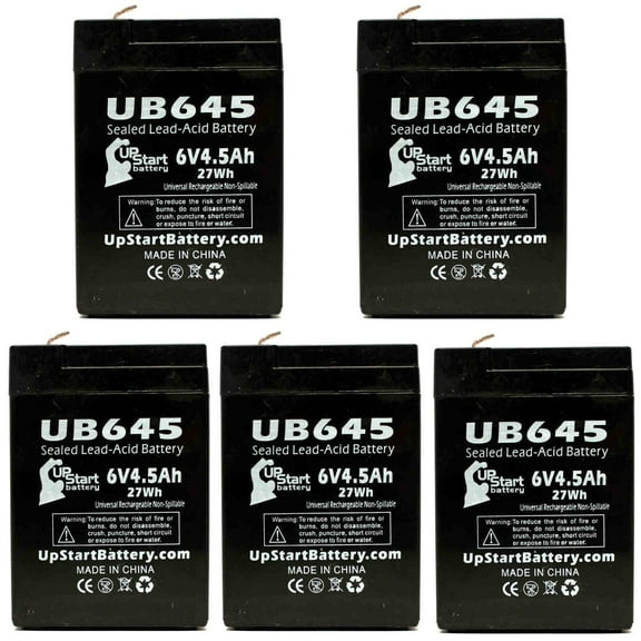 5x Pack - Compatible Sola Q3 Battery - Replacement UB645 Universal Sealed Lead Acid Battery (6V, 4.5Ah, 4500mAh, F1 Terminal, AGM, SLA) - Includes 10 F1 to F2 Terminal Adapters