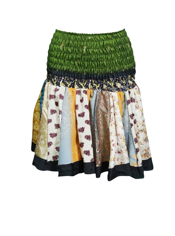 Mogul Womens Colorful Flare Mini Skirt High Waist A-Line Gypsy Hippie Boho Chic Printed Flowy Silk Skater Skirts
