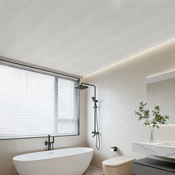 Rongyun Peel and Stick Ceiling Tiles, White Drop Foam Ceiling Tiles, 32pcs 13.78"×13.78"  Covered 42 Sq.Ft, Easy to install for Bathroom, Basement room