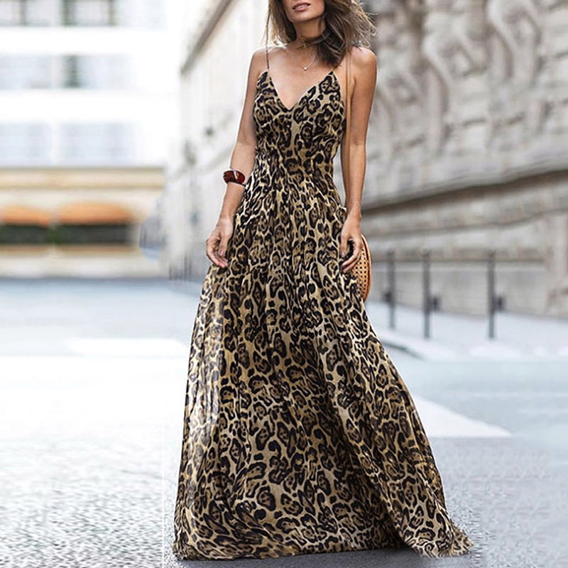 Women Leopard Print Long Dress V Neck Spaghetti Shoulder Straps Sleeveless Casual Maxi Dress