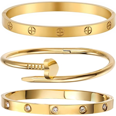 18K Gold Plated Stainless Steel Love Nail Bangle Clover Bracelet Set Stackable Dupes for Love Trendy Jewelry