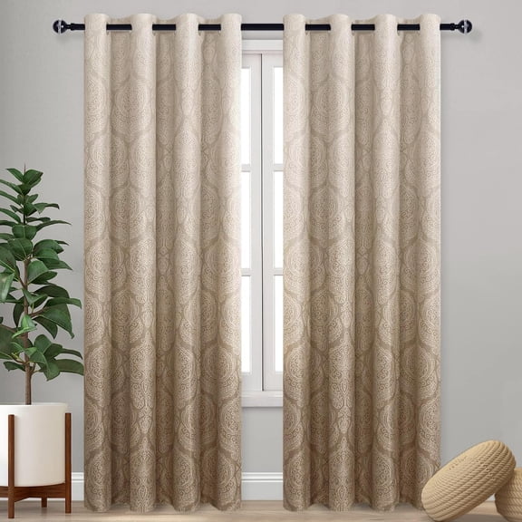 Ombre Blackout Curtains for Bedroom - Damask Patterned Thermal Insulated Energy Saving Grommet Curtains for Living Room, Set of 2 Gradient Window Curtain Panels, 52 x 84 Inches Long, Taupe
