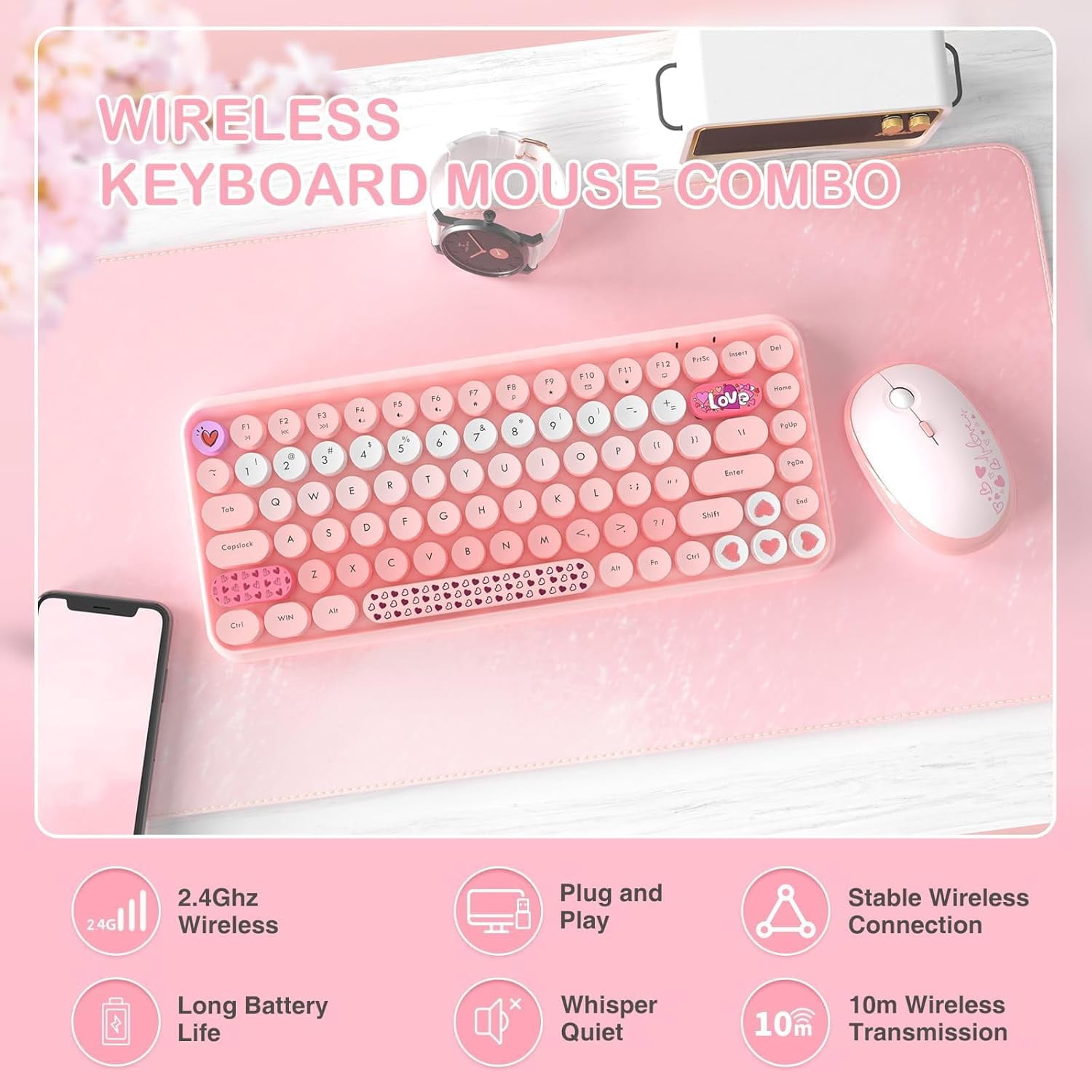 AJAZZ 308i Color Gradient Wireless Keyboard and Mouse Set, Retro Typewriter Keyboard with Cute Theme Round Keycaps for Mac/Windows/PC/Laptop-Pink set