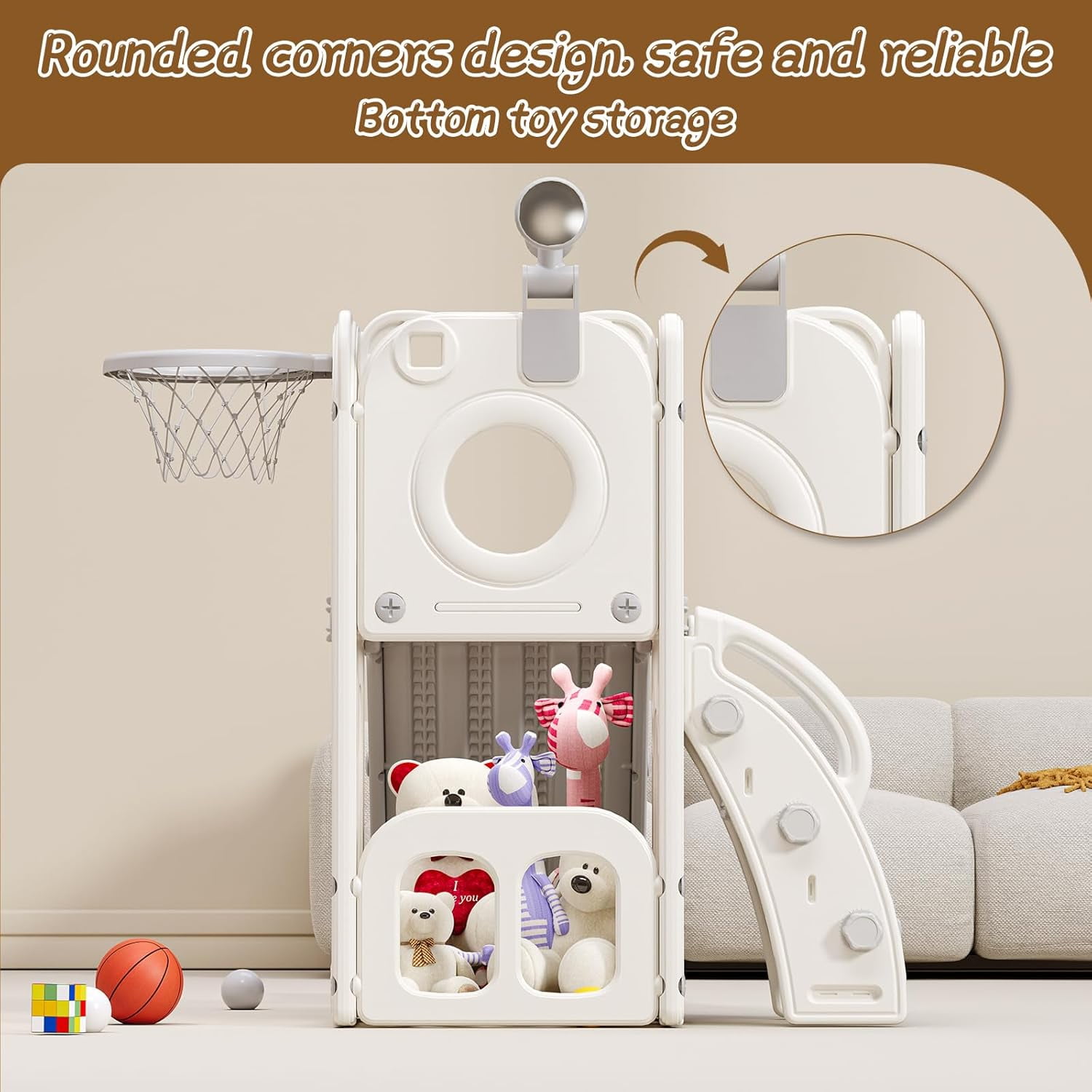 6 in 1 Toddler Playset with Slide, Kids Slide with Basketball Hoop, Ball, Ring Toss, Indoor Outdoor Toys White
