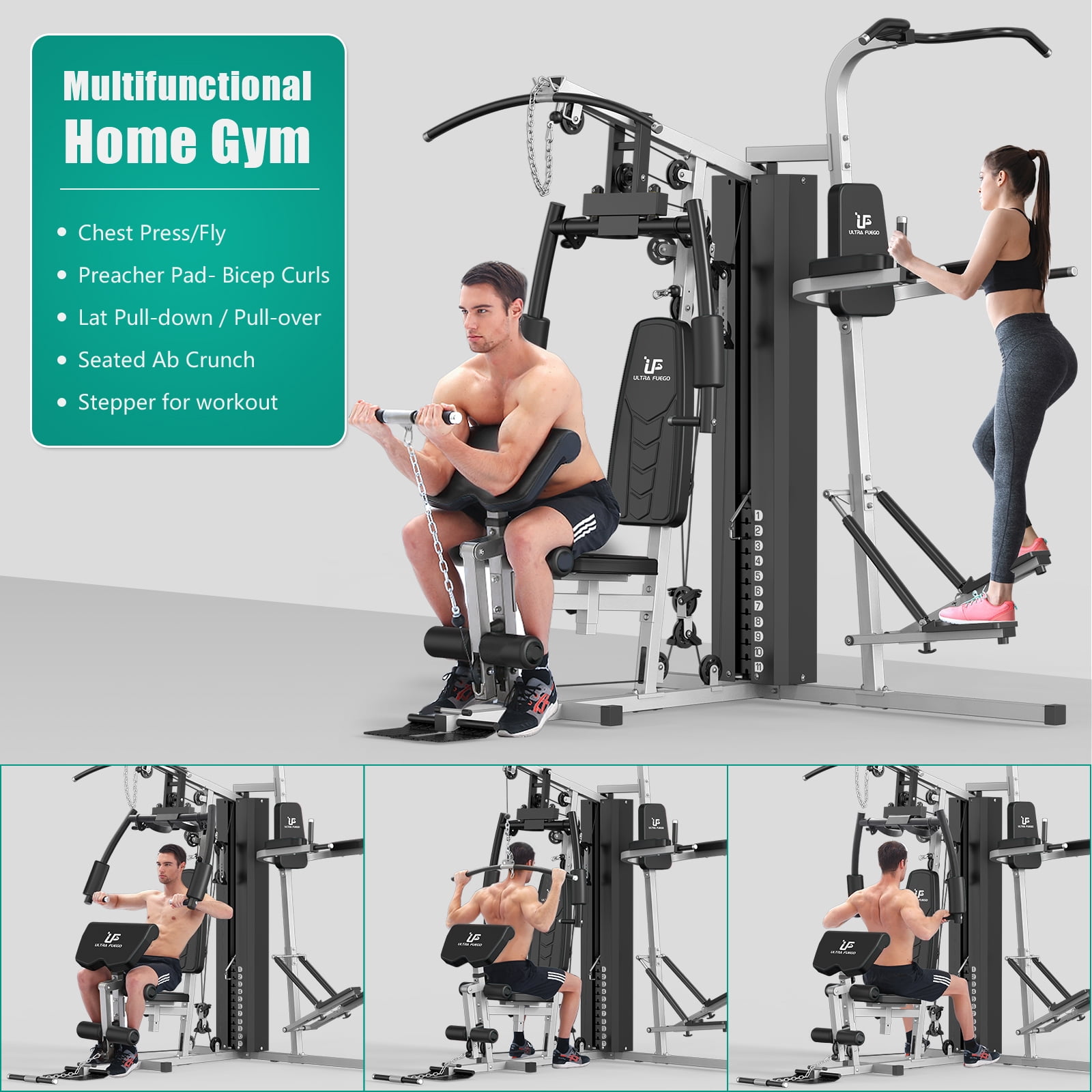 Multifunctional Home Gym 118lb Weight Stack Machine with Pulley System, Arm Press Frame, Leg Developer, Power Tower and Stepper, Dual Station Workout System for Total Body Training
