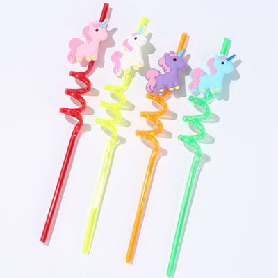 Akoada 4pcs Plastic Curled Straw Twisted Cartoon Unicorn Animal Plastic Art Straw Children Party Supplies