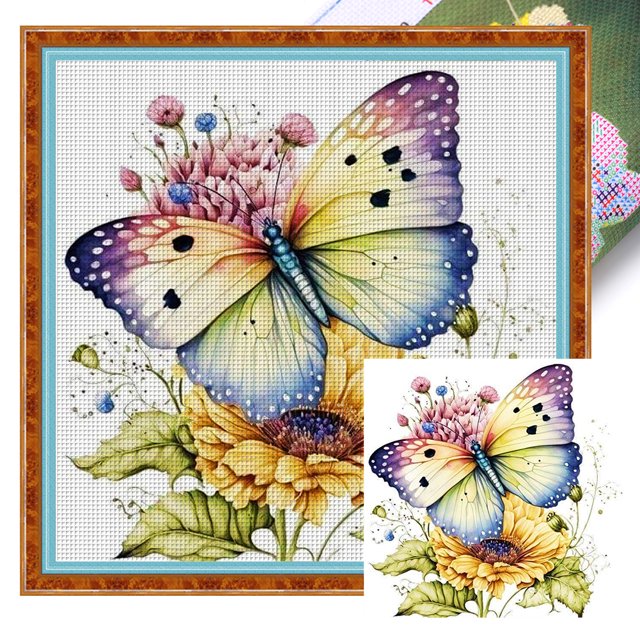 Bordado Algodón Ecológico Punto Cruz Con Flores Y Mariposas 11CT 40x40cm