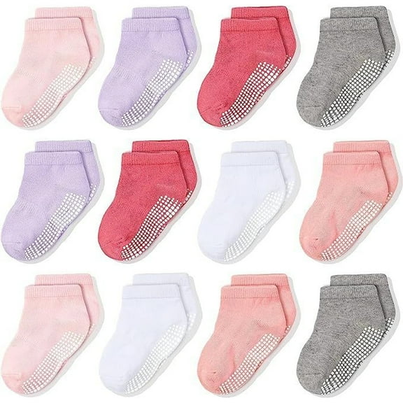 CozyWay Toddler Socks with Grippers - Non-Slip Grip for Toddler Girl Socks - Soft Cotton Blend Comfort - Low-Cut Elastic Cuffs on Ankle Style - 3T-5T, Pink White & Gray - Pack of 12