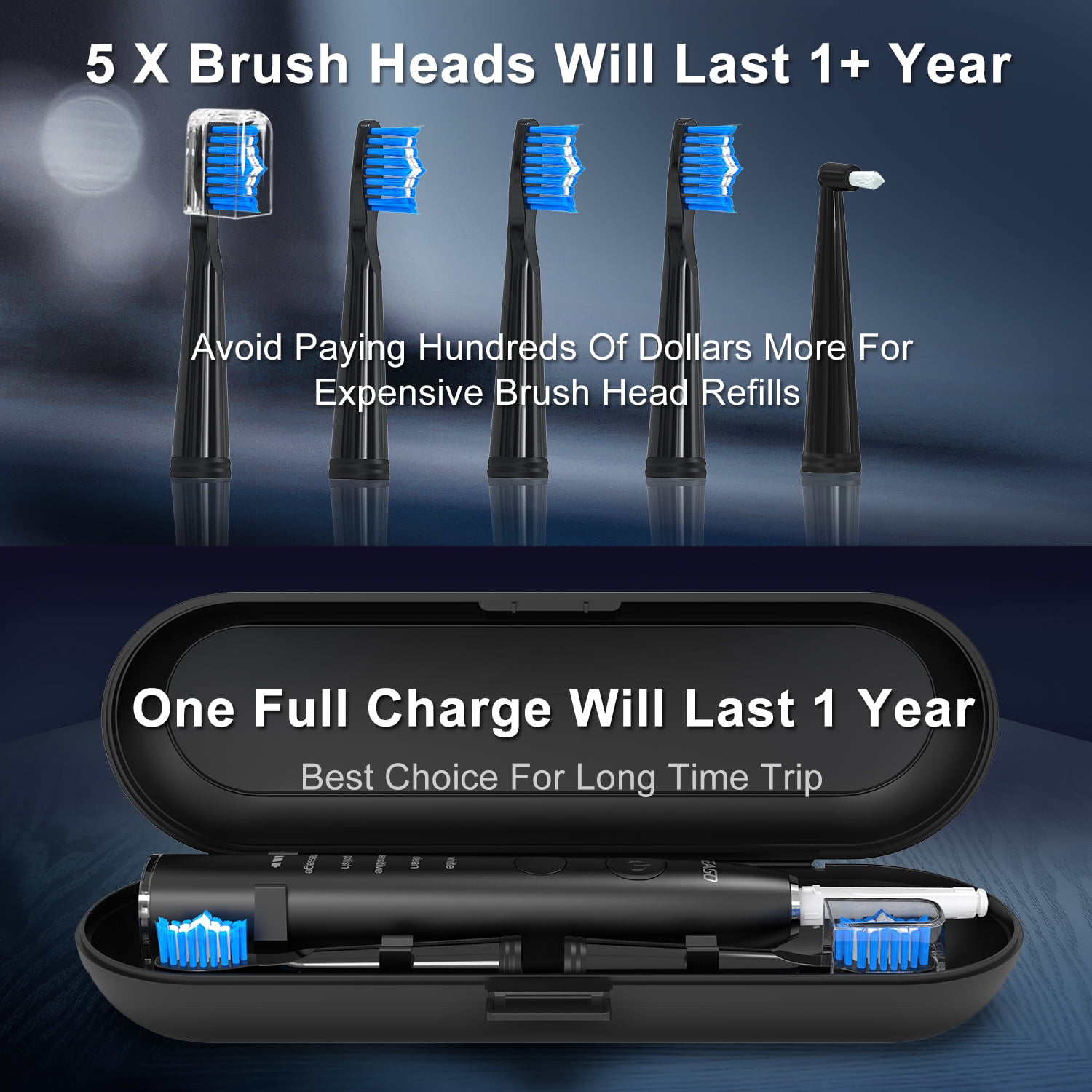 Seago Rechargeable Power Toothbrush for Adults with Travel Case, 5 Cleaning Modes, 300 Days  Battery Life ,SG-575 Blue