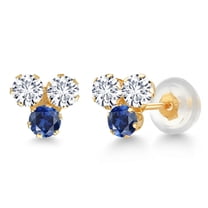 Gem Stone King 14K Yellow Gold White Lab Grown Diamond and Blue Created Sapphire Three Stone Stud Earrings for Women (0.68 Cttw, Gemstone April Birthstone, Round 3MM)