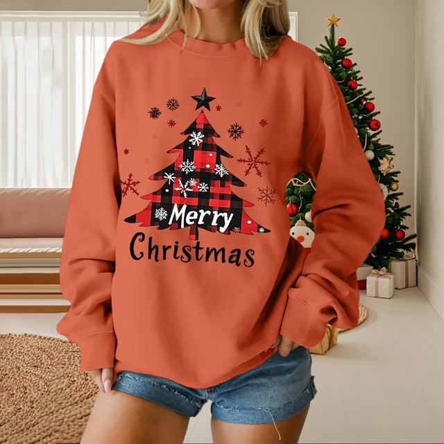 Chandails d'Hiver Grande Taille pour Femmes Chandail à Capuche Décontracté Imprimé de Noël Col Rond Manches Longues Orange G