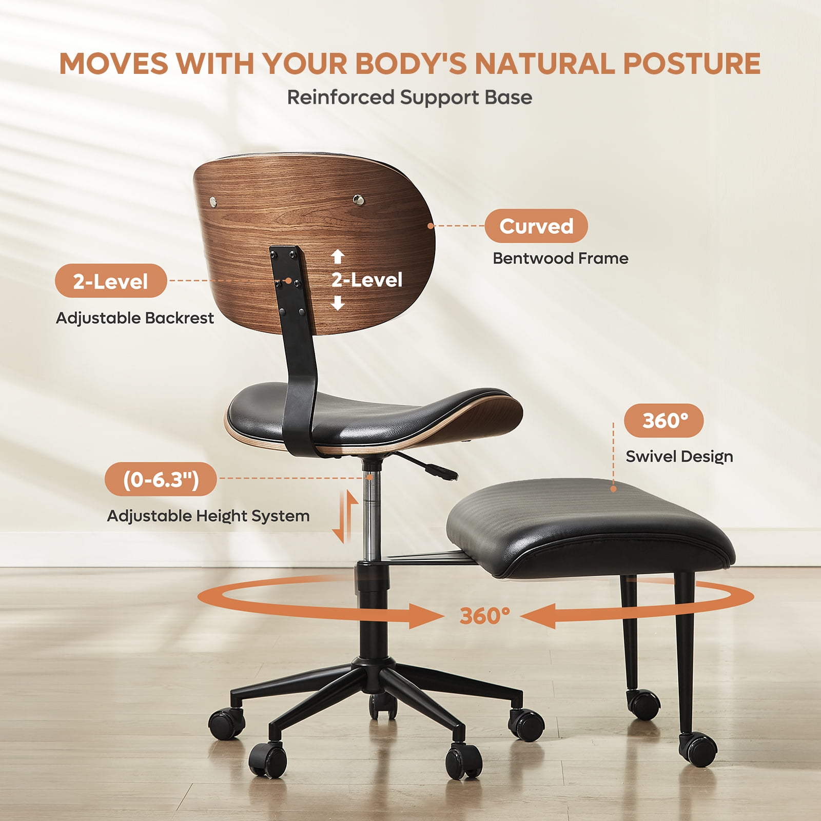 Bestier Ergonomic Cross Legged Office Chair, Wide Seat Armless Criss Cross Desk Chair, 360 Swivel Adjustable Height Computer Chair , Black PU leather Chair for Home Office, Meditation & ADHD