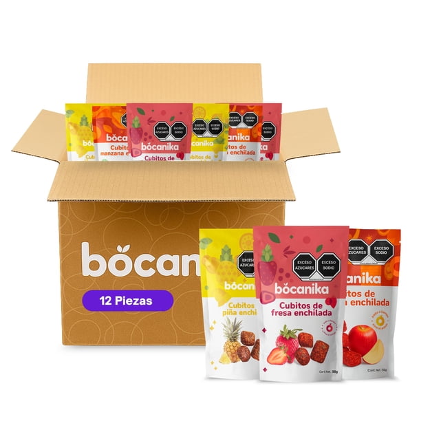 BOCANIKA Fruta Enchilada 100% Natural - 12 Piezas de 50g c/u - Gomitas Enchiladas de Fruta - Snack Sin conservadores Sin Grasas - Superfood, Gluten free (12 Piezas, Mix Fresa, Piña, Manzana