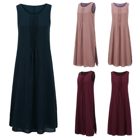 dress lined sleeveless maxi loose split neck casual round side summer