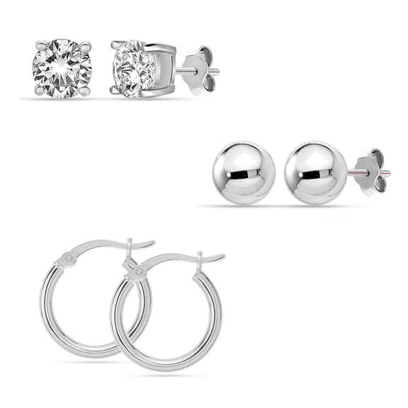 Charmsy Women’s Three Earrings Set – 925 Sterling Silver Post CZ Ball Stud Earrings & Cubic Zirconia Hoop Earrings, 3 Pairs (5mm, 5mm, 15mm)