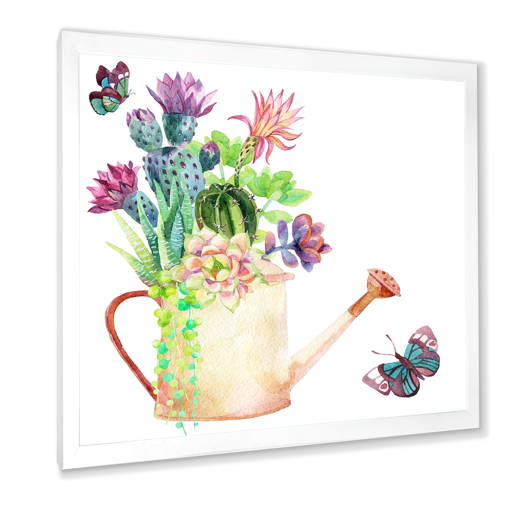 Succulents In Old Watering Can With Butterfly 36 in x 36 in Framed Painting Canvas Art Print, by Designart