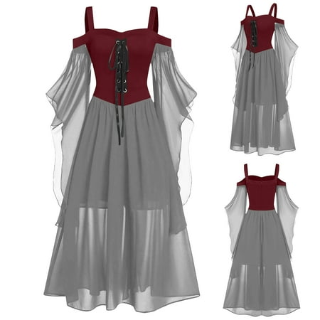 Womens s Medieval Renaissance Costume Cosplay Dress Long Sleeve Cold Shoulder Steampunk Gothic Victorian Corset Dress Womens Plus Size Solid Lace Up Halloween Dress  Gray&L