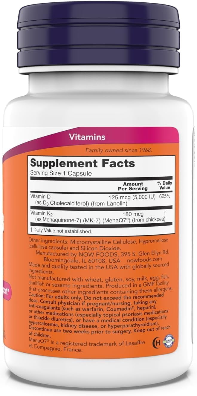 Now Supplements, Mega D-3 & MK-7, 5000 IU / 180 mcg, Bone & Cardiovascular Support*, Vitamins K-3 & K-2, 180 Capsules