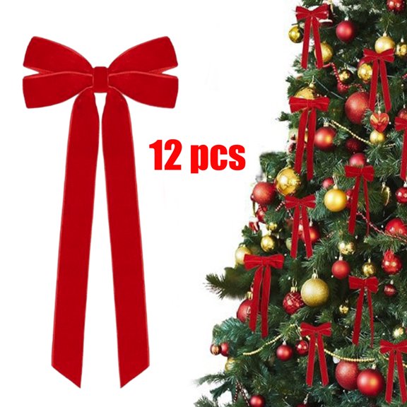 KOYPTL 12 Pcs Velvet Ribbon Bows Christmas Decorations 5 x 10 Inch Long Ribbon Christmas Tree Bows Hanging Ornament for Wreath Holiday Party Staircase Fireplace Home Decor Red
