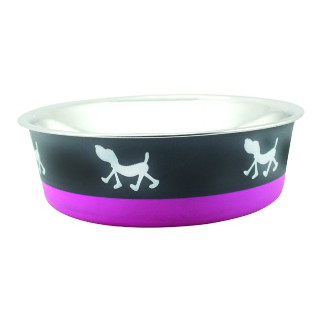 "Tazón para mascotas de acero inoxidable con base de goma antideslizante y diseño de perro, grande, gris y rosa-Juego de 2" Benzara Inc BNC-10005-2