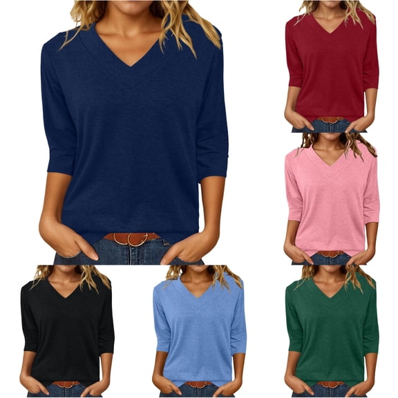 oqasdz Women's T Shirts Elegant V Neck Three Quarter Sleeve Knit Solid Color Tunic Top Loose Fit Blouse Casual Fashion Clothes Tshirts,Navy,XL