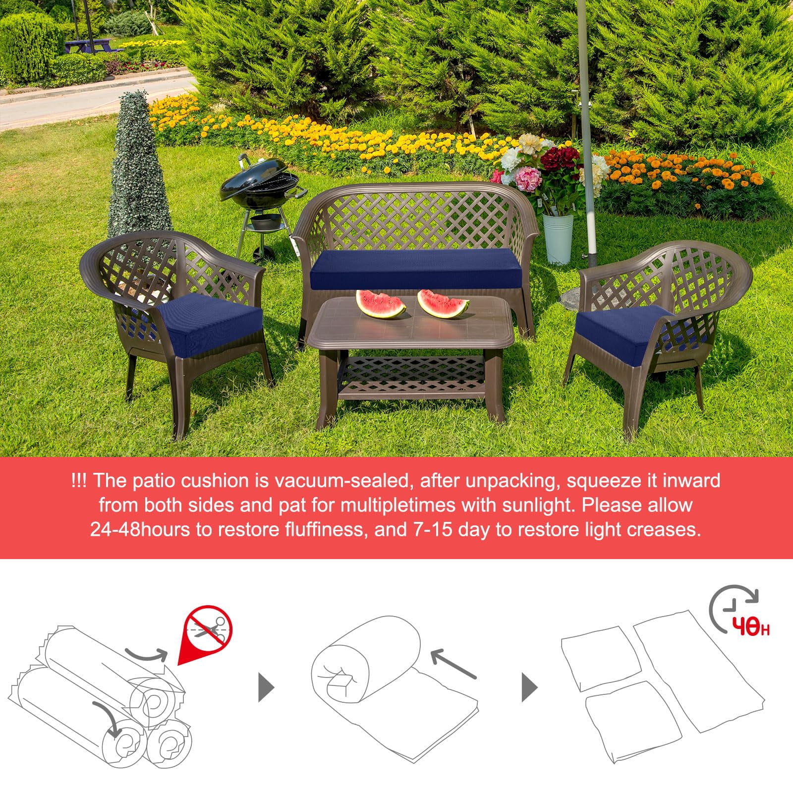 3 Outdoor Chair Cushions Set 44 X 19 Inch Loveseat Tufted Waterproof Patio Furniture Love Seat Pad Cushion For Square Settee Indoor Sofa Wicker Couch Bench(navy Blue)