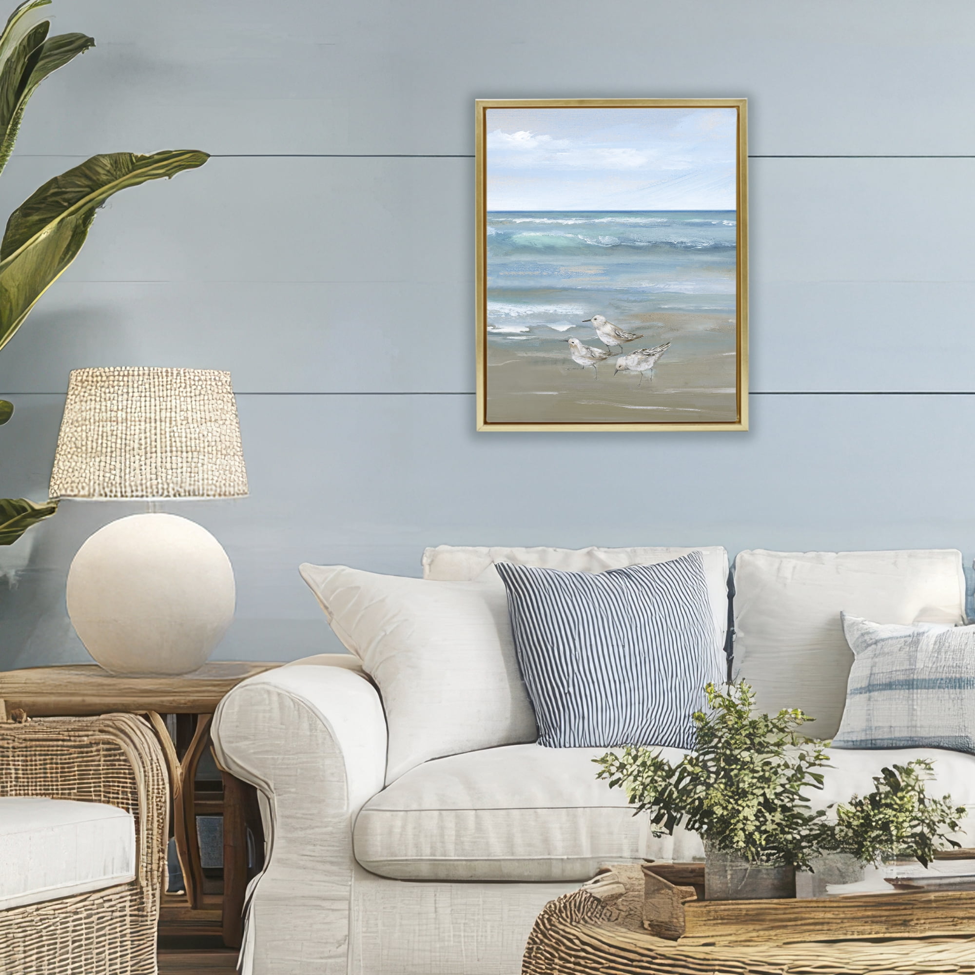 Stupell Industries Sanderlings on Gentle Waves Gold Framed Floater Canvas Wall Art, design by Nan
