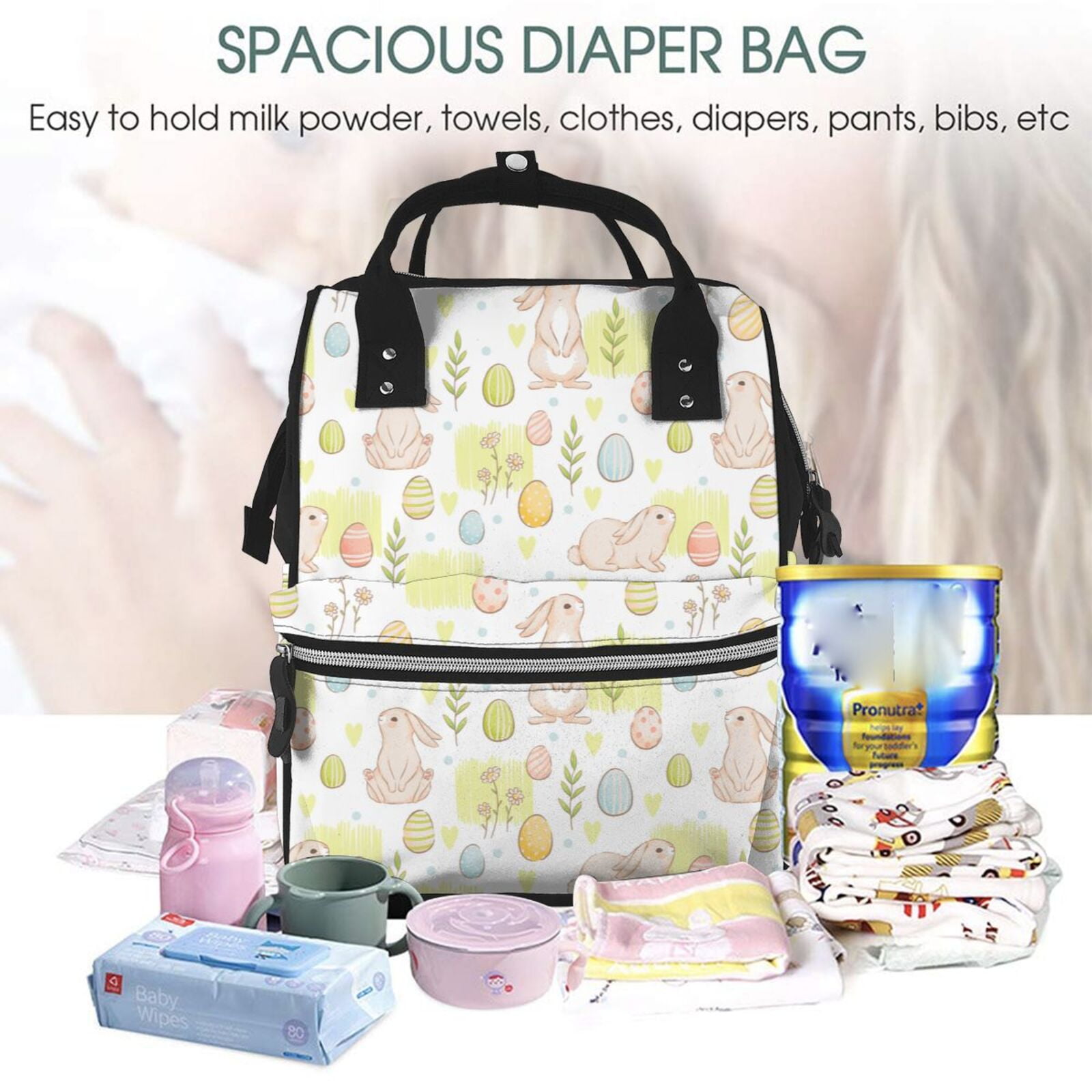 Ratiio Easter Rabbit Mummy Backpack - Waterproof Twill Canvas, Large Capacity Diaper Bag with Multiple Pockets and Adjustable Straps