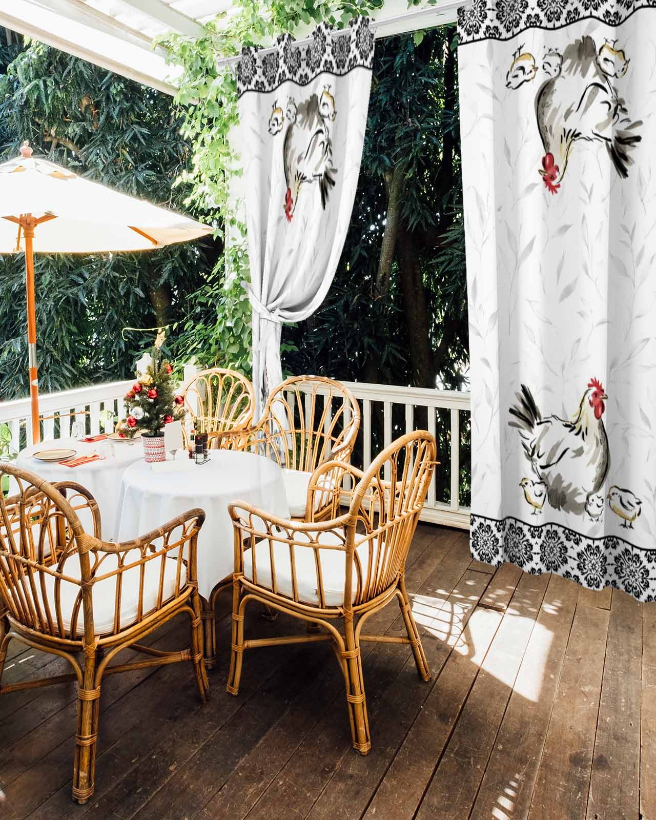 Chicken Outdoor Curtains for Patio, Farmhouse Country Animal Black Flower Leaf Privacy Drapes Grommet Waterproof Outside Curtains for Porch/Cabana/Balcony 54"x 95", 2 Panel