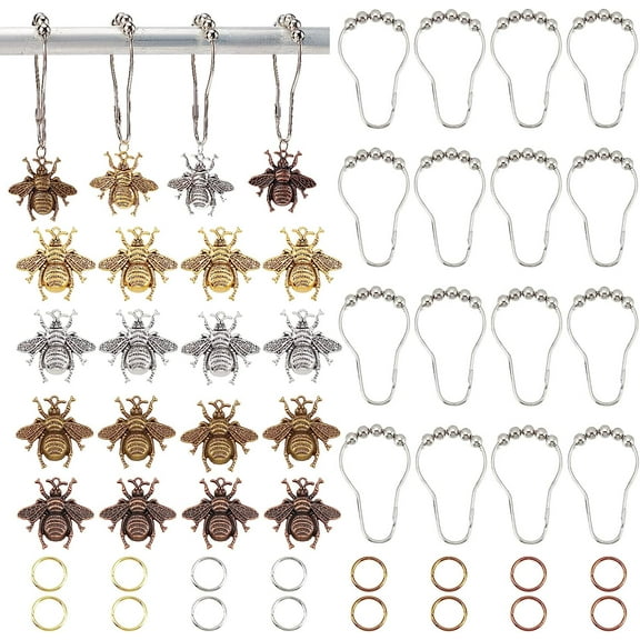 16 Set Bee Shower Curtain Hooks 4 Colors Vintage Metal Shower Curtain Rings Tibetan Decorative Animal Pendants Hooks Curtain Hangers for Bathroom Bedroom Home Window Accessories 1box