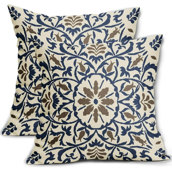 Ryan; Navy Blue Brown Boho Pillow Covers 18 X Inch Bohemian Ethnic Carpet Style Vintage Flower Print Decorative Throw Pillows Outdoor Square Cushion Case Farmhouse Decor Set of 2