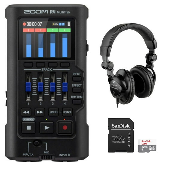 Zoom R4 MultiTrak 32-Bit Float Recorder with Stereo Bouncing Bundle with Polsen HPC-A30 Closed-Back Studio Monitor Headphones and SanDisk 32GB Ultra Memory Card