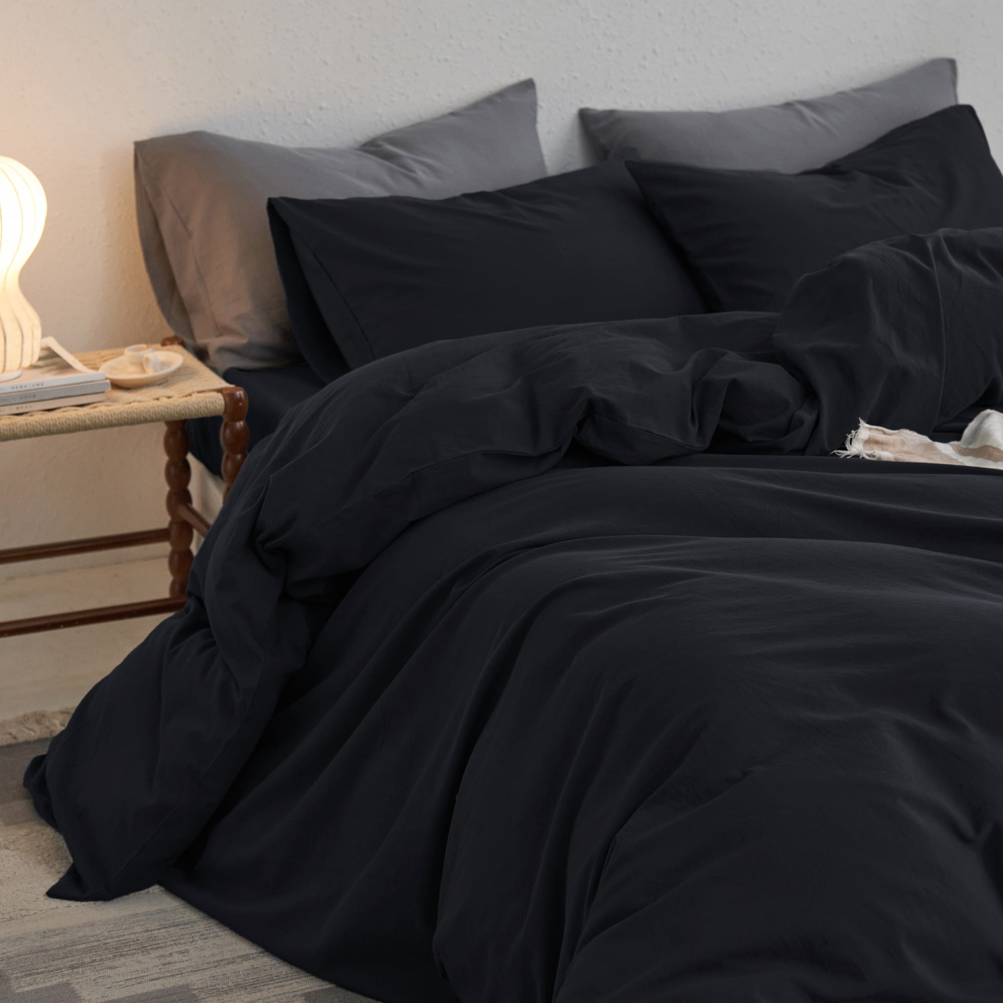 MooMee Duvet Cover Set Queen 100% Washed Cotton Twill Ultra-Soft Breathable Linen Like 3-Piece (Black, 90"x90")