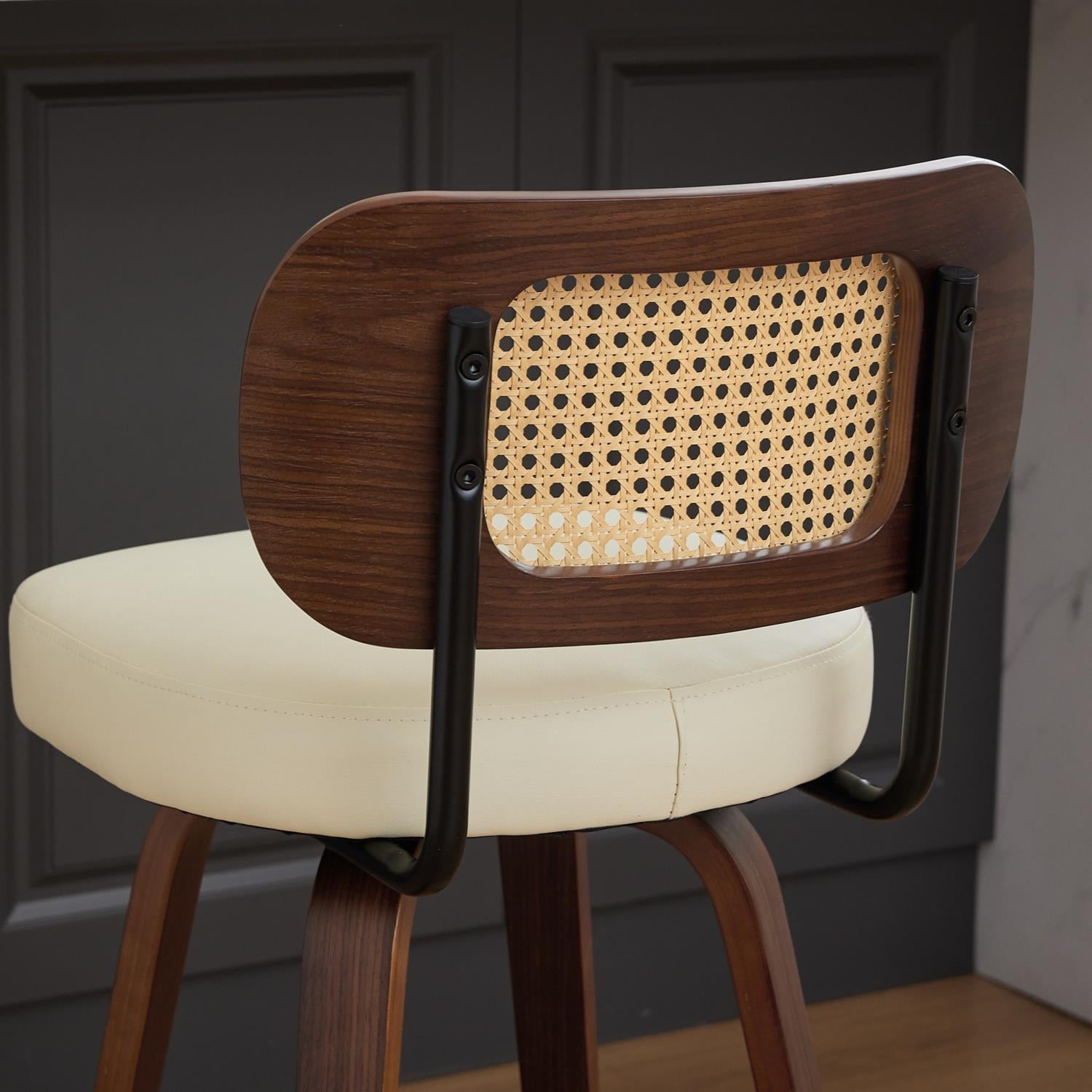 Demi Bonn 35" Swivel Bar Stools Set of 3 with Upholstered Faux Leather, Rattan Back & Bentwood Legs, Counter Height Stools for Kitchen or Bar Seating, Beige