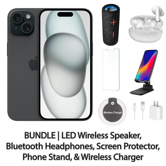 Restored Apple iPhone 15 256GB Black Fully Unlocked Bundle with LED Wireless Speaker, Bluetooth Headphones, Screen Protector, Wireless Charger, & Phone Stand (Refurbished)