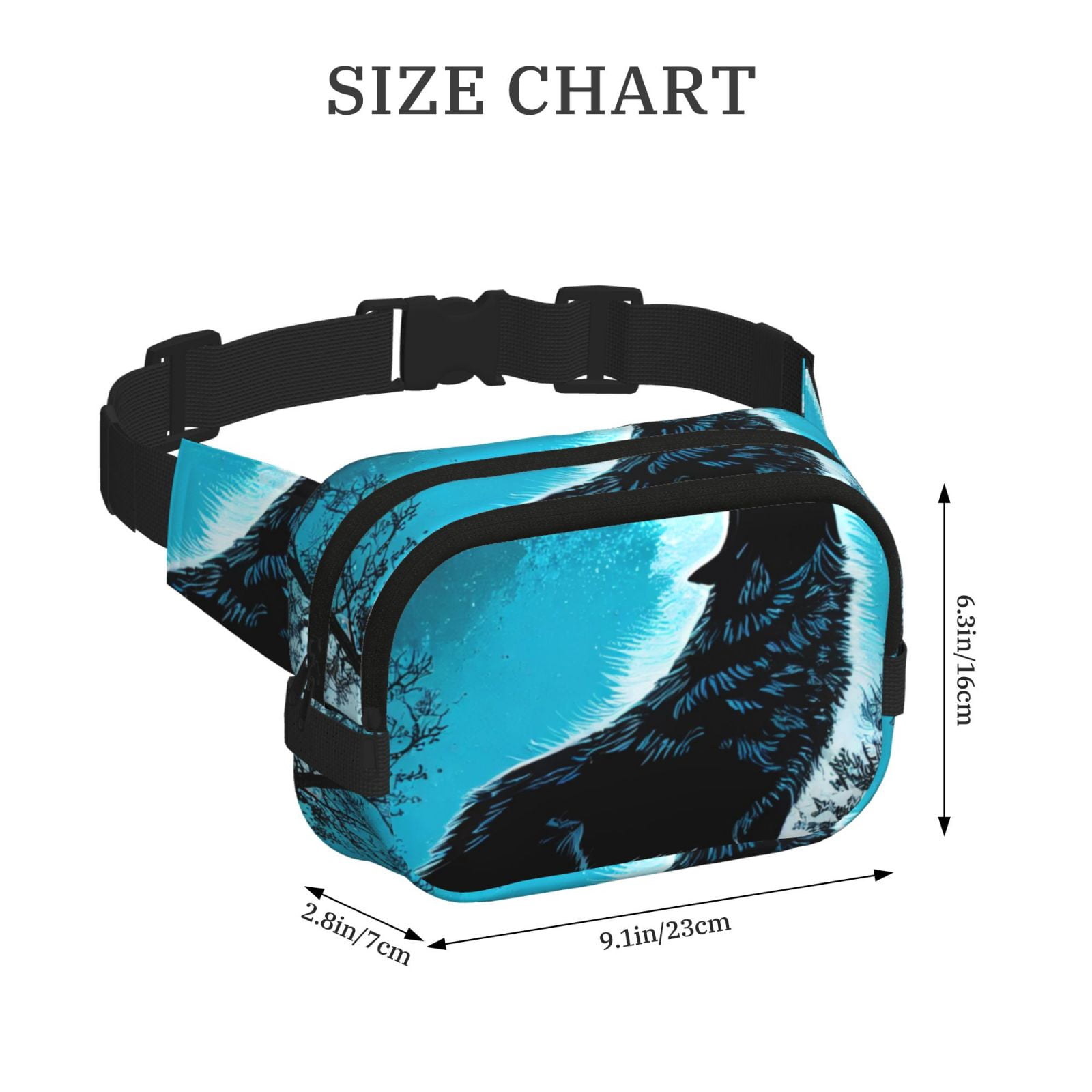 Picia Blue Full Moon Wolf Print Square Double-Layer Waist Bag Mini Adjustable Waist Belt Bag Exercise Running Travel Hiking