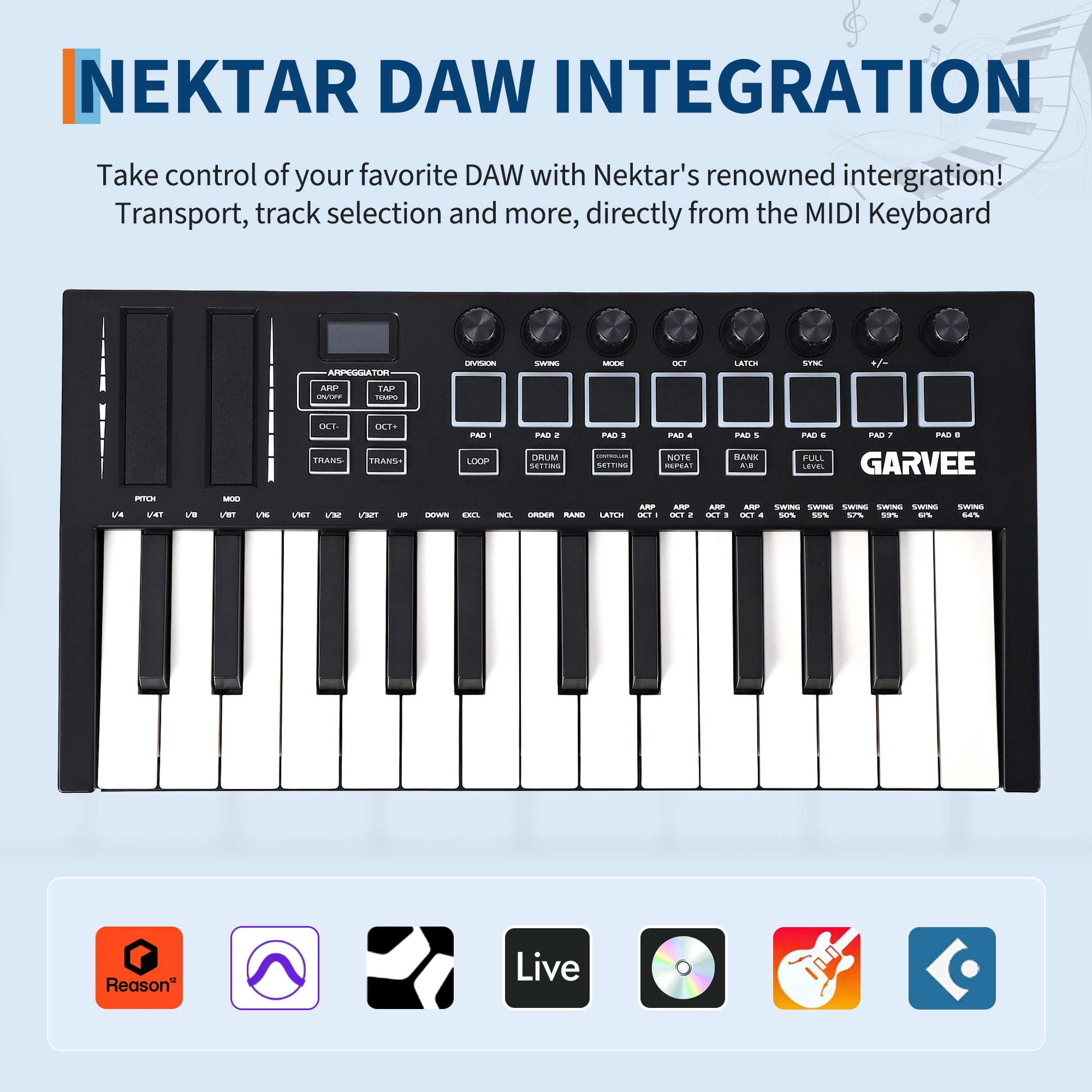25-Key MIDI Keyboard Controller, Compact USB/DAW Integrated Keyboard with 8 Drum Pads, 8 Knobs & OLED Display. Ideal for Musi8 Drum Pads, 8 Knobs & OLED Display, Compact, Perfect for Music Production