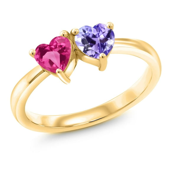 Gem Stone King 1.10 Ct Pink Created Sapphire Blue Tanzanite 18K Yellow Gold Plated Silver Ring (Size 7)