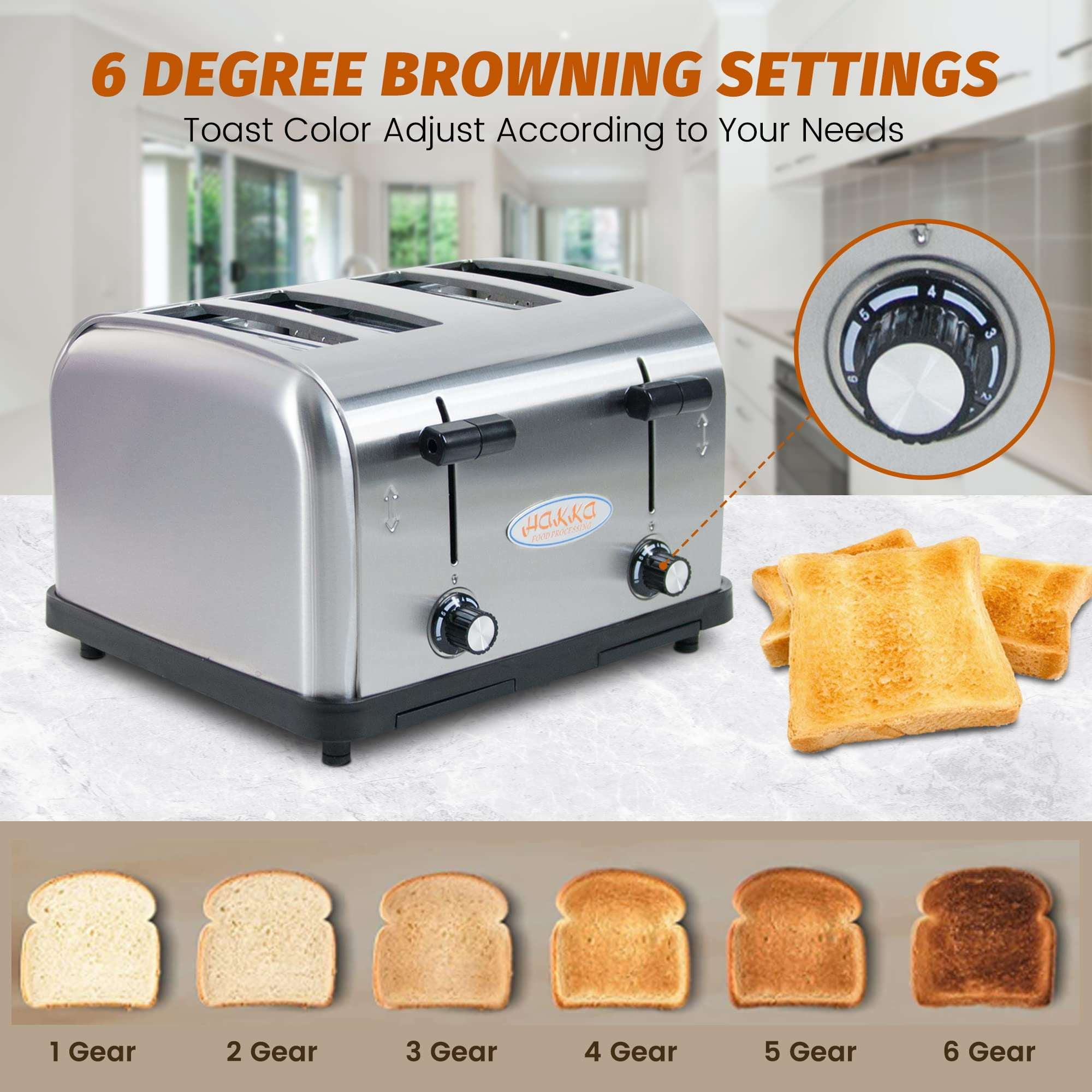 Hakka 4-Slice Commercial Toaster 1800W Stainless Steel with 1.5-Inch Wide Slots and 2 Crumb Trays