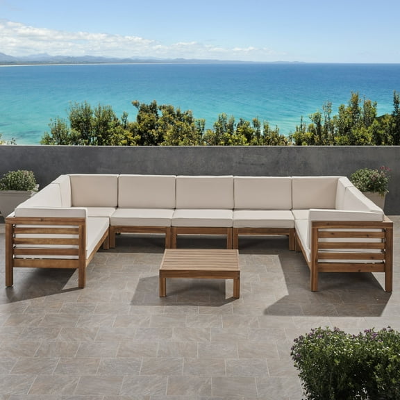 GDF Studio Emma Outdoor 9 Seater Acacia Wood Sectional Sofa Set, Teak and Beige