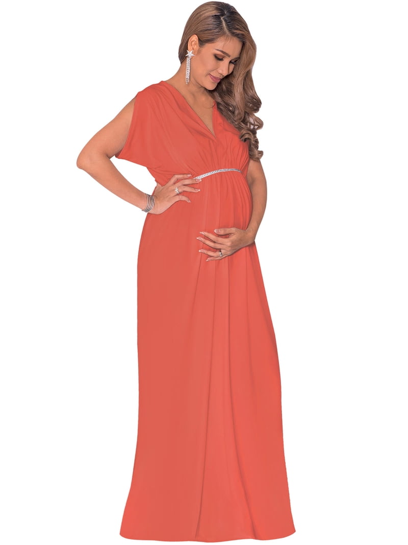 KOH KOH Long Maternity Pregnancy Short Sleeve V-Neck Full Floor Length  Flowy Baby Shower Bridesmaid Evening Summer Tall Maxi Dress Gown For Women  Coral Pink Peach XX-Large US 18-20 NT278 - Walmart.com