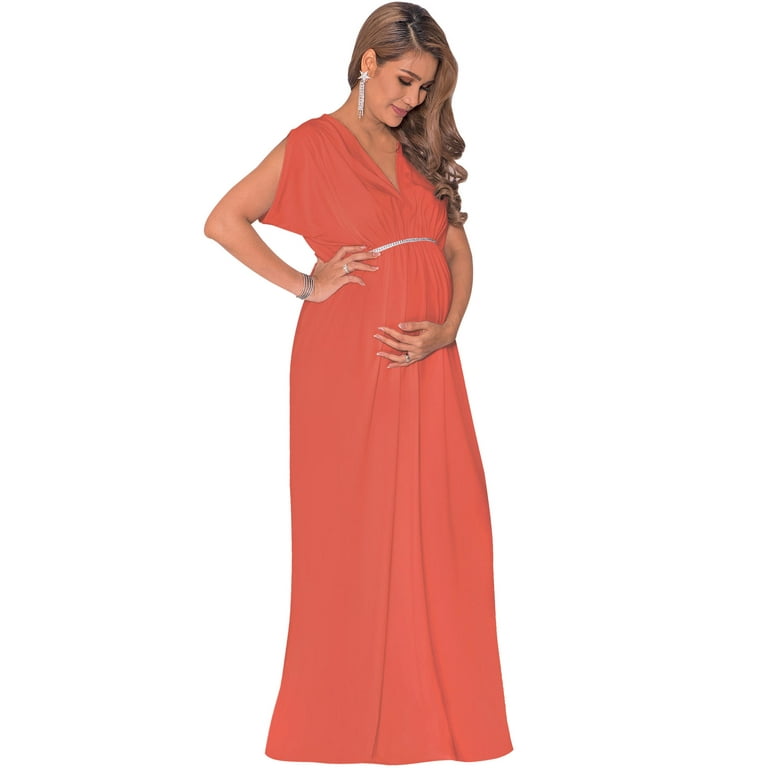 KOH KOH Long Maternity Pregnancy Short Sleeve V Neck Full Floor