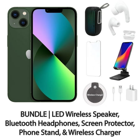 Restored Apple iPhone 13 256GB Green Fully Unlocked with LED Wireless Speaker, Bluetooth Headphones, Screen Protector, Wireless Charger, & Phone Stand (Refurbished)