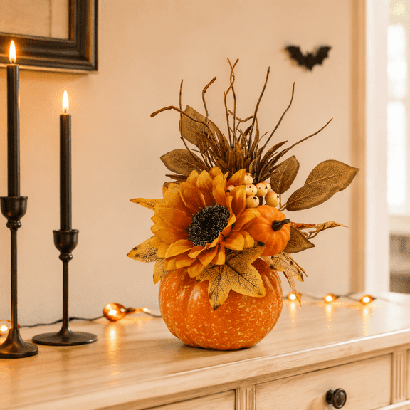 Fall Pumpkin Table Centerpiece with Golden Sunflower and Autumn Leaves, 9.8 in, Thanksgiving Decor