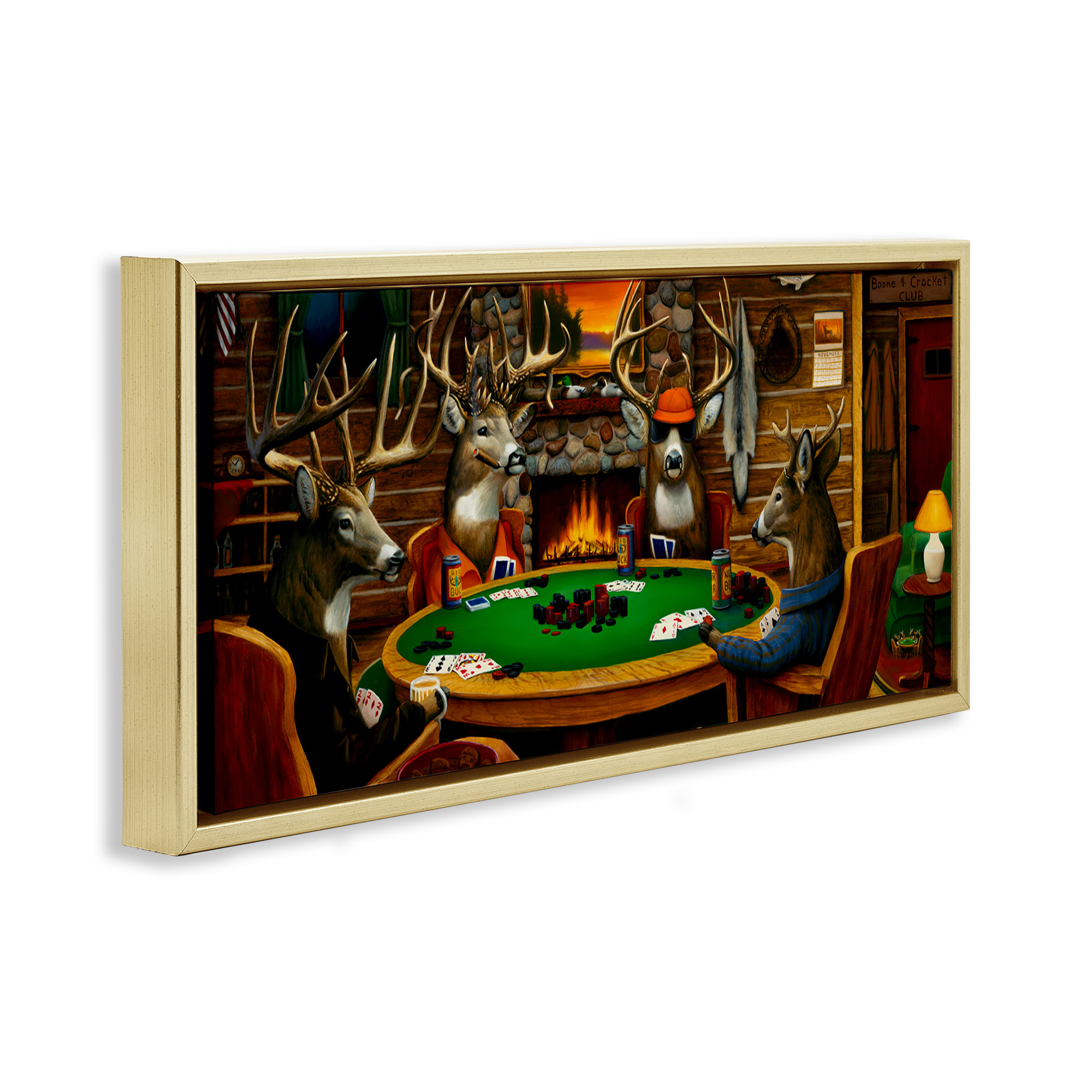 Stupell Industries Deer Playing Poker in Lodge Animals & Insects Painting Gold Floater Framed Canvas Art Print Wall Art, 31 x 14