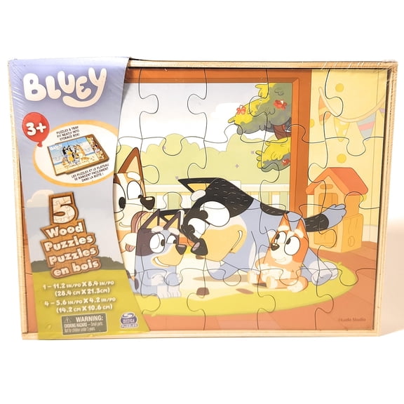 Paquete de rompecabezas de madera Bluey con caja de almacenamiento y pegatinas para niños de 3 años o más