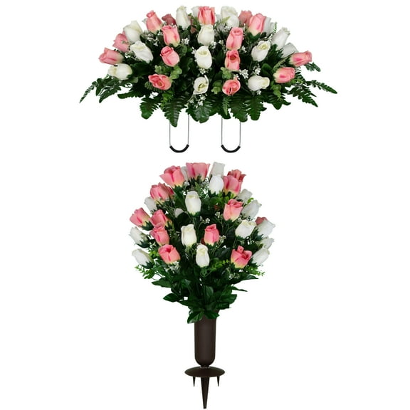 Sympathy Silks Artificial Cemetery Flowers Cream and Pink Rose Bud Saddle and 1 Bouquet with Vase