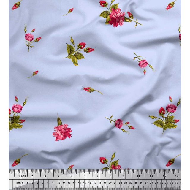 Soimoi Polyester Crepe Fabric Leaves & Carnation Floral Print Sewing Fabric Yard 52 Inch Wide